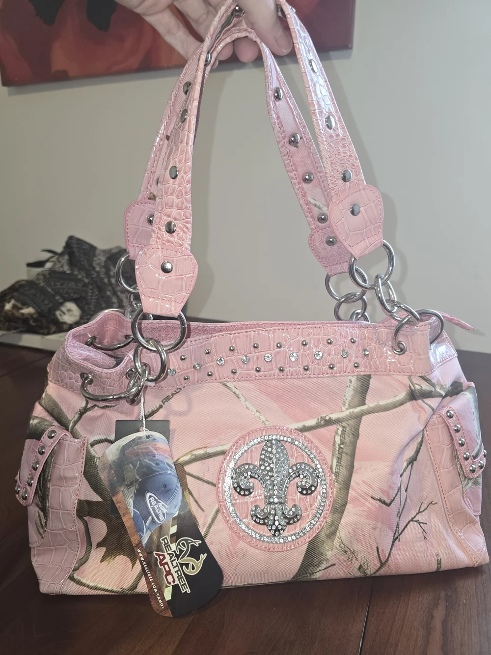 Realtree Y2K Pink Camo Rhinestone Fleur-Embellished Shoulder Bag, New with Tags!